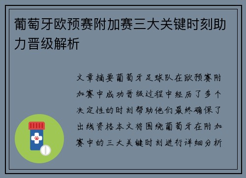 葡萄牙欧预赛附加赛三大关键时刻助力晋级解析 葡萄牙欧预赛附加赛三大关键时刻助力晋级解析