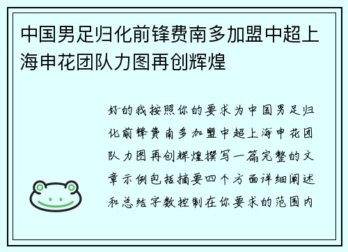 中国男足归化前锋费南多加盟中超上海申花团队力图再创辉煌